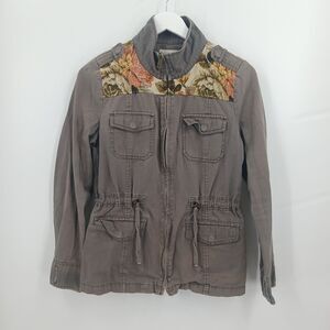 Others Follow Anthropologie Floral Utility Jacket Womens L Olive Boho Military